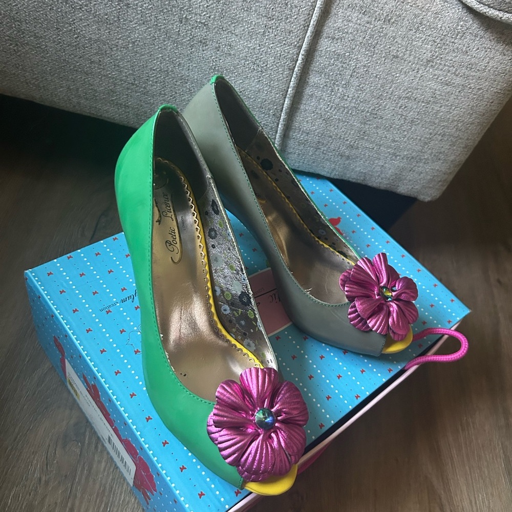 Poetic License Green and Gray Heels with Pink Floral Accent